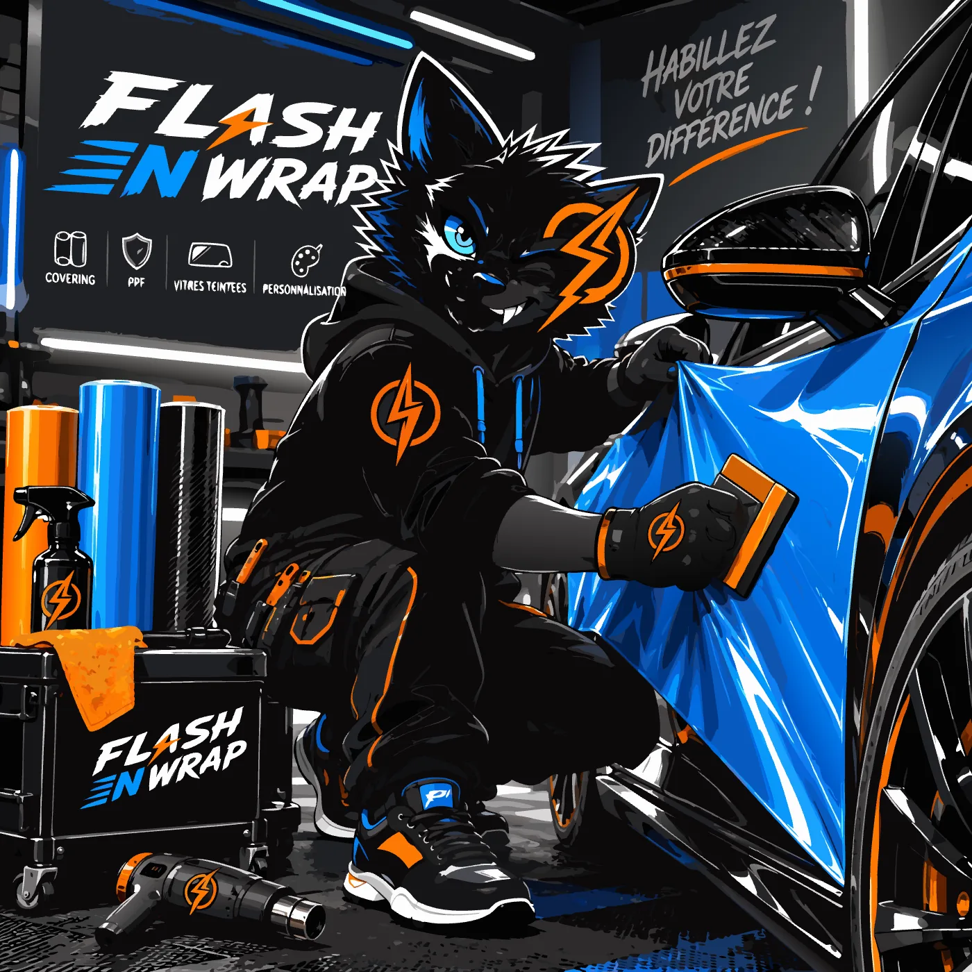 Wrapy, la mascotte Flash N Wrap, pose un film de covering sur une voiture